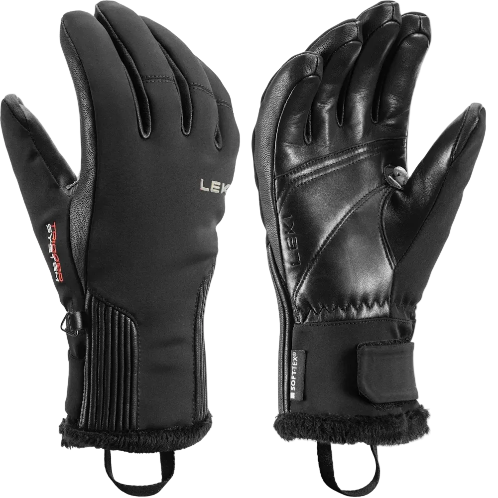 Pair of Leki Women’s Vallarta 3D Gloves featuring premium goat leather construction, integrated Trigger 3D frame loop, Primaloft insulation, and adjustable neoprene hook-and-loop cuffs.