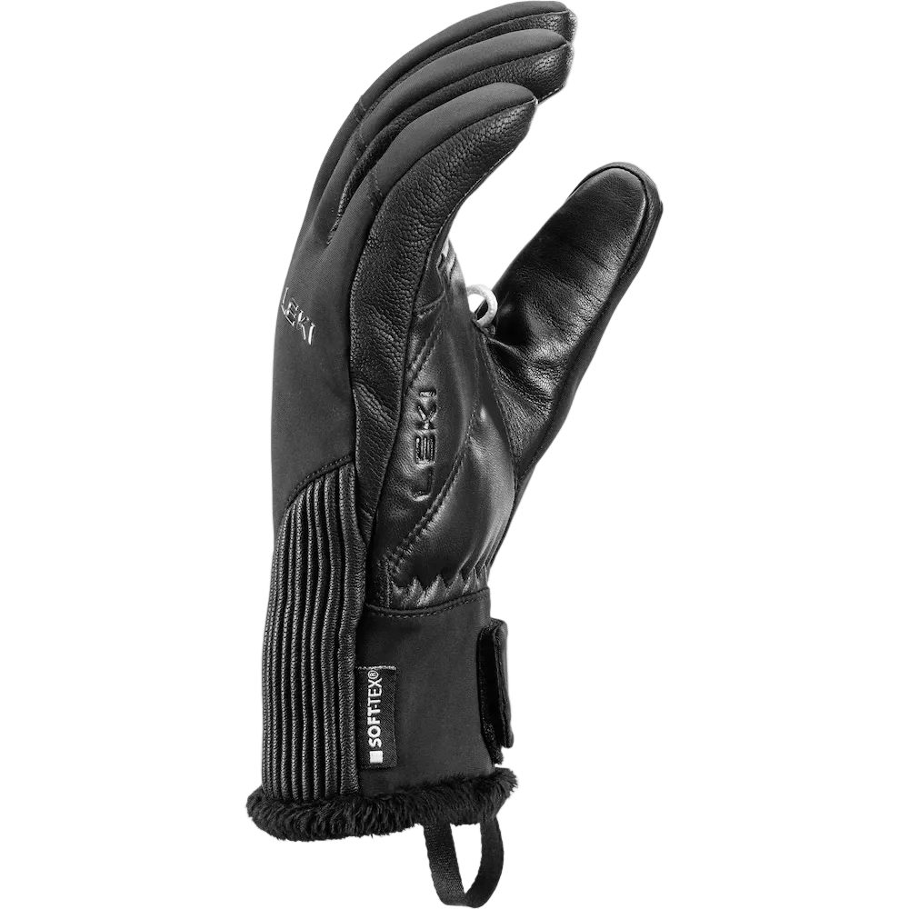 A Leki Women’s Vallarta 3D Glove featuring premium goat leather construction, integrated Trigger 3D frame loop, Primaloft insulation, and adjustable neoprene hook-and-loop cuffs.
