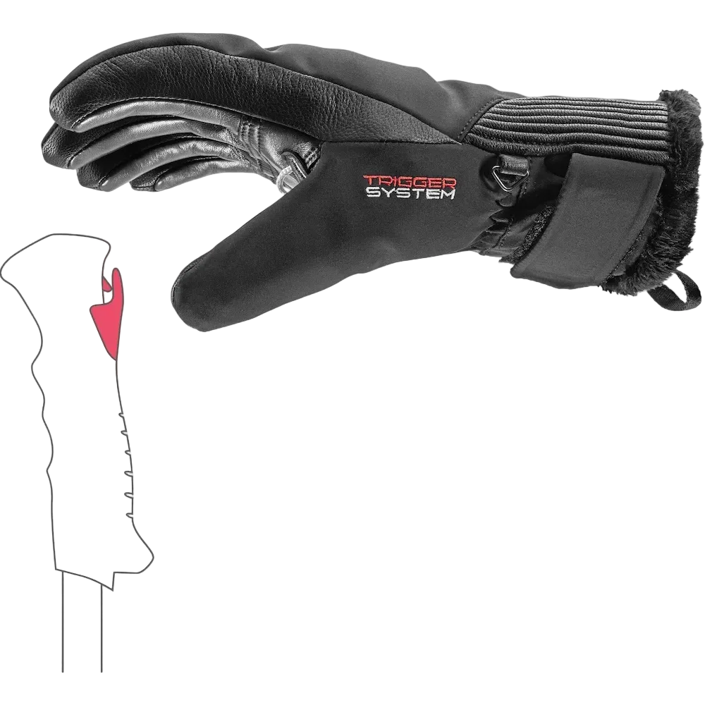 A Leki Women’s Vallarta 3D Glove featuring premium goat leather construction, integrated Trigger 3D frame loop, Primaloft insulation, and adjustable neoprene hook-and-loop cuffs.