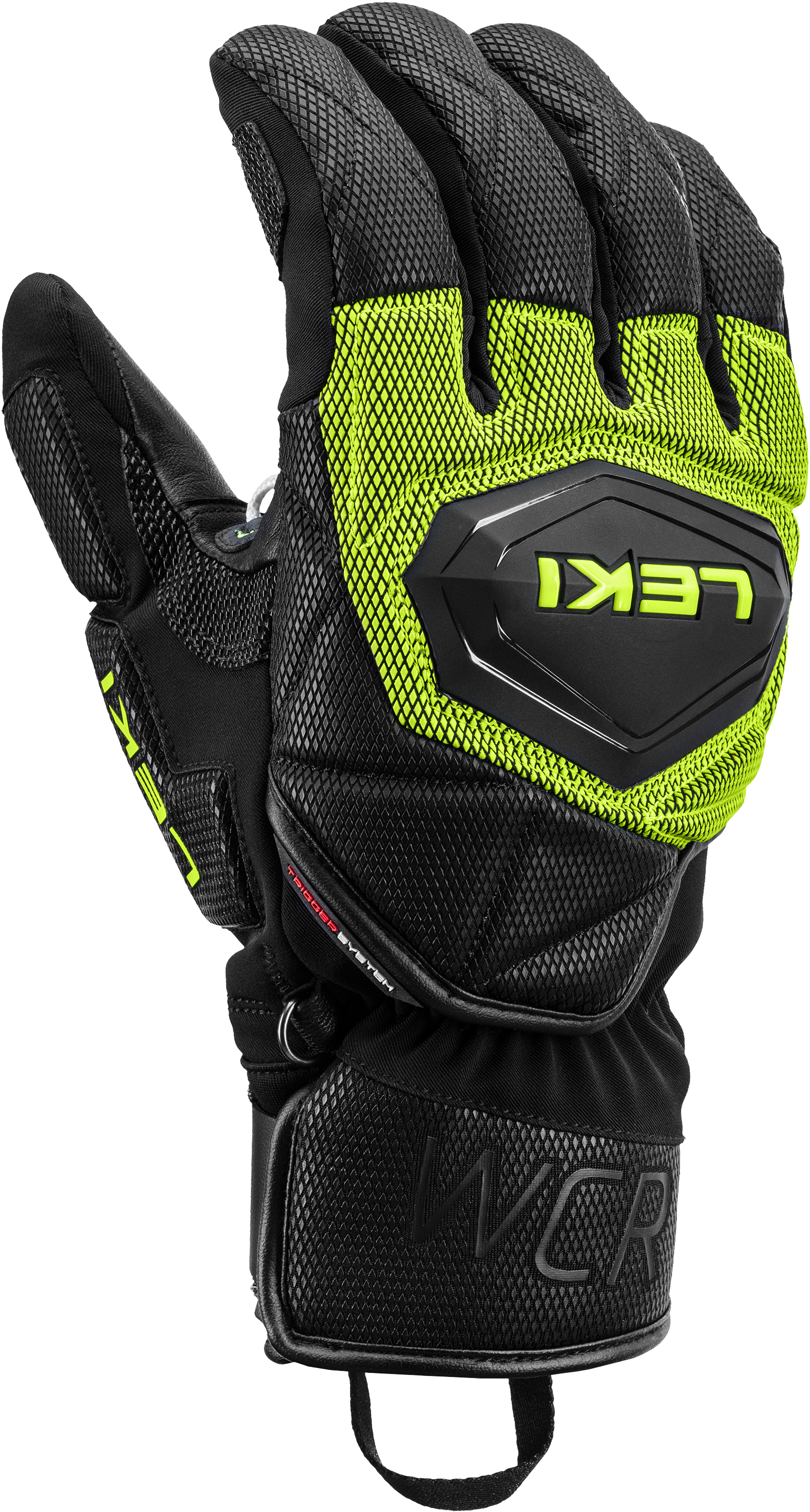 LEKI WCR Coach 3D Glove featuring Trigger 3D technology, waterproof SOFT-TEX® membrane, Thinsulate™ insulation, goatskin leather palm, and race-ready protection.