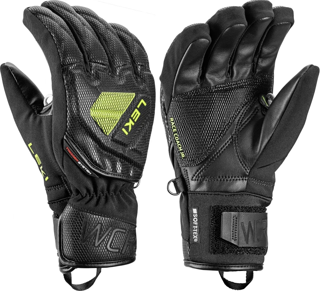 LEKI WCR Coach 3D JR Glove featuring Trigger 3D technology, waterproof SOFT-TEX® membrane, Thinsulate™ insulation, premium goatskin palm, and junior race protection.