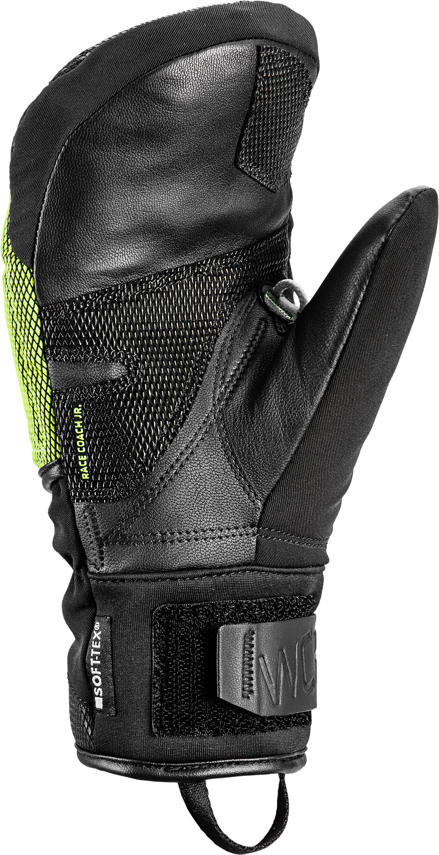 LEKI WCR Coach 3D JR Mitt featuring Trigger 3D technology, waterproof SOFT-TEX® membrane, Thinsulate™ insulation, goatskin leather palm, and junior race protection.