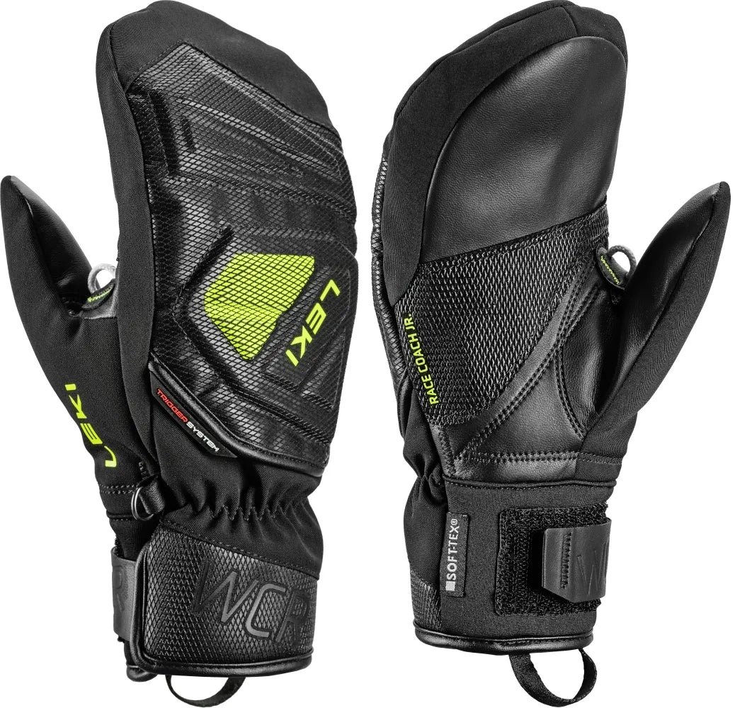 LEKI WCR Coach 3D JR Ski Mitt featuring Trigger 3D technology, waterproof SOFT-TEX® membrane, Thinsulate™ insulation, and junior race protection.