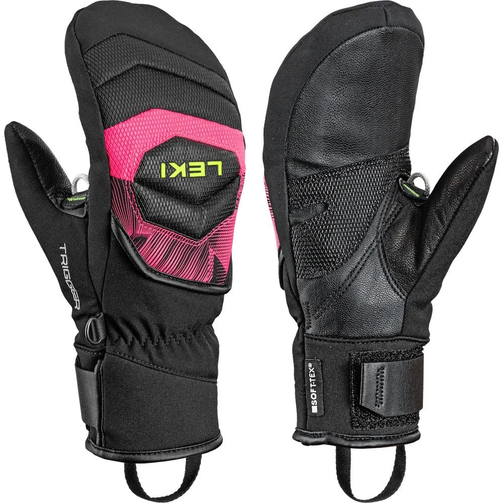 LEKI WCR Core TR JR Race Mitt in Pink and Black featuring warm mitt construction and race-focused protection for junior alpine ski racers.