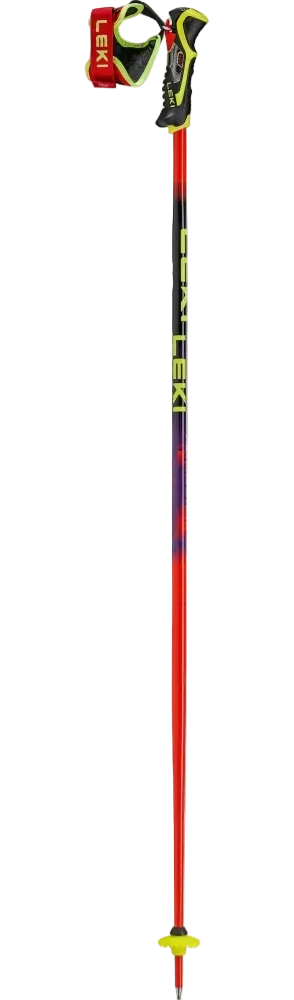 Pair of Leki WCR Pro Lite SL TR Race Poles featuring 16 mm HTS 6.5 aluminum Airfoil shafts, slalom bend geometry, Trigger 3D SL grips, and carbide punch tips.