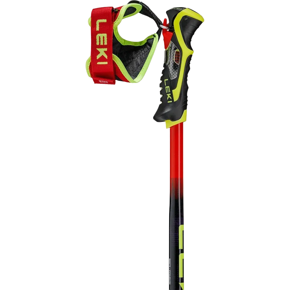 Pair of Leki WCR Pro Lite SL TR Race Poles featuring 16 mm HTS 6.5 aluminum Airfoil shafts, slalom bend geometry, Trigger 3D SL grips, and carbide punch tips.