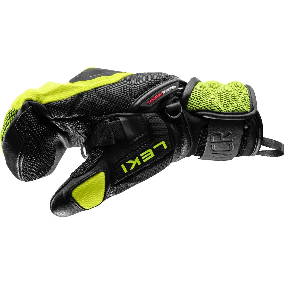 LEKI WCR Venom 3D JR Race Mitt featuring protective race construction, warm mitt design, reinforced panels, and integrated Trigger 3D technology.