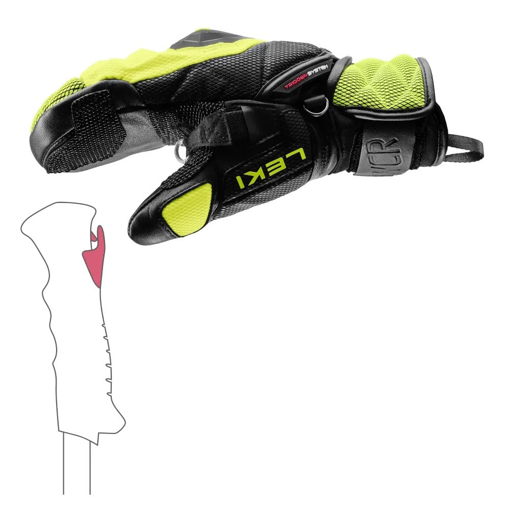 LEKI WCR Venom 3D JR Race Mitt featuring protective race construction, warm mitt design, reinforced panels, and integrated Trigger 3D technology.
