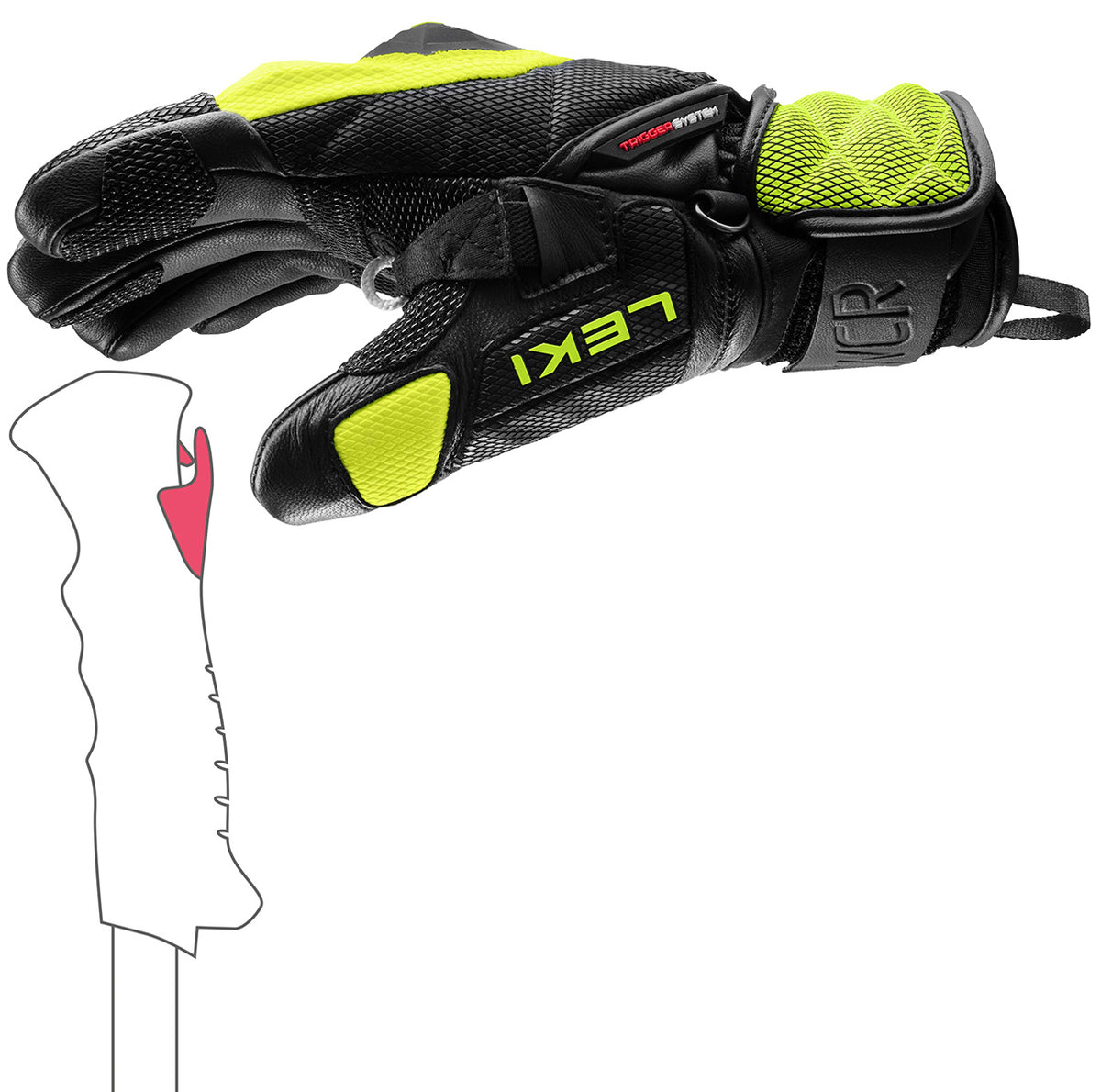 LEKI WCR Venom 3D Junior Race Glove featuring race protection, reinforced construction, and integrated Trigger 3D technology for junior ski racers.
