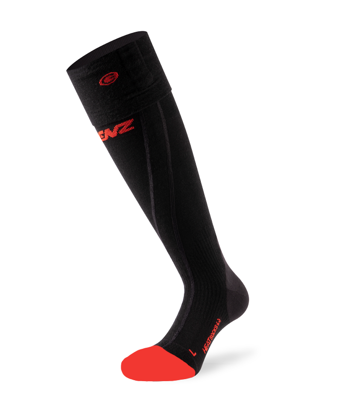 A black and red Lenz Heat Sock 6.1 Compression that features advanced heating elements.