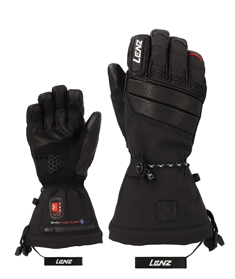 Pair of Lenz Men’s Heated Gloves 9.0 featuring premium leather construction, integrated finger heating elements, inner wrist battery pockets, and adjustable cuff closures.