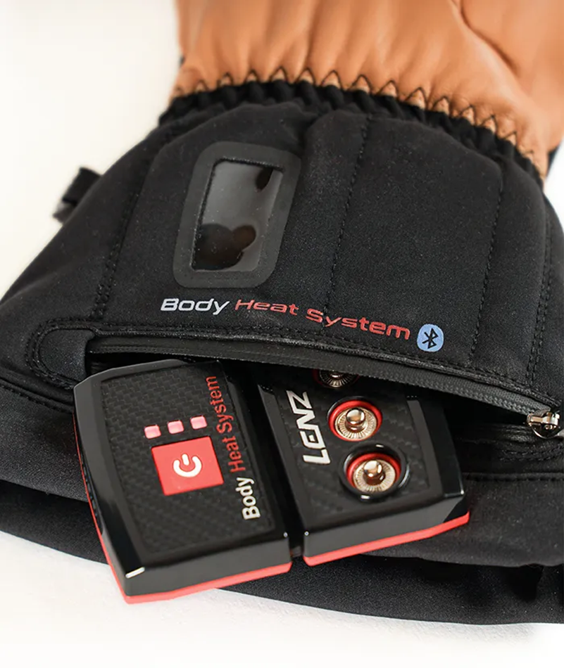 A Lenz Men’s Heated Mitten 9.0 featuring goat leather construction, integrated finger heating elements, inner wrist battery pockets, and single-pull drawcord cuffs.