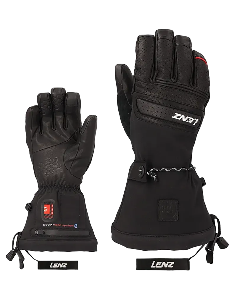 Pair of Lenz Women’s Heat Gloves 9.0 Finger Cap featuring goat leather construction, 360-degree Finger Cap heating elements, Hipora waterproof membrane, and wrist battery pockets.