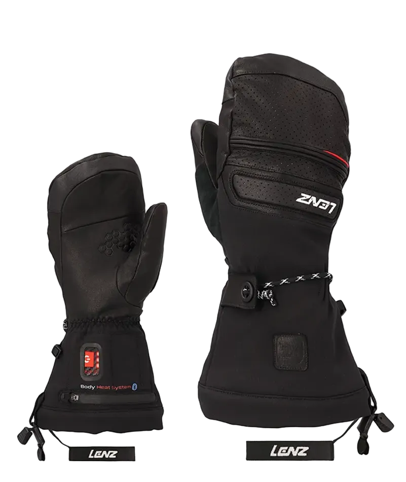 Pair of Lenz Women’s Heat Mittens 9.0 Finger Cap featuring goatskin leather construction, 360-degree Finger Cap heating elements, Hipora waterproof membrane, and inner wrist battery pockets.