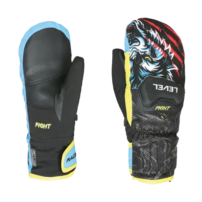 Pair of Level JR Race CF Mittens featuring waterproof goat leather construction, SuperFabric armor and knuckle impact protection pads, silicone palm grip, and adjustable wrist cuffs.