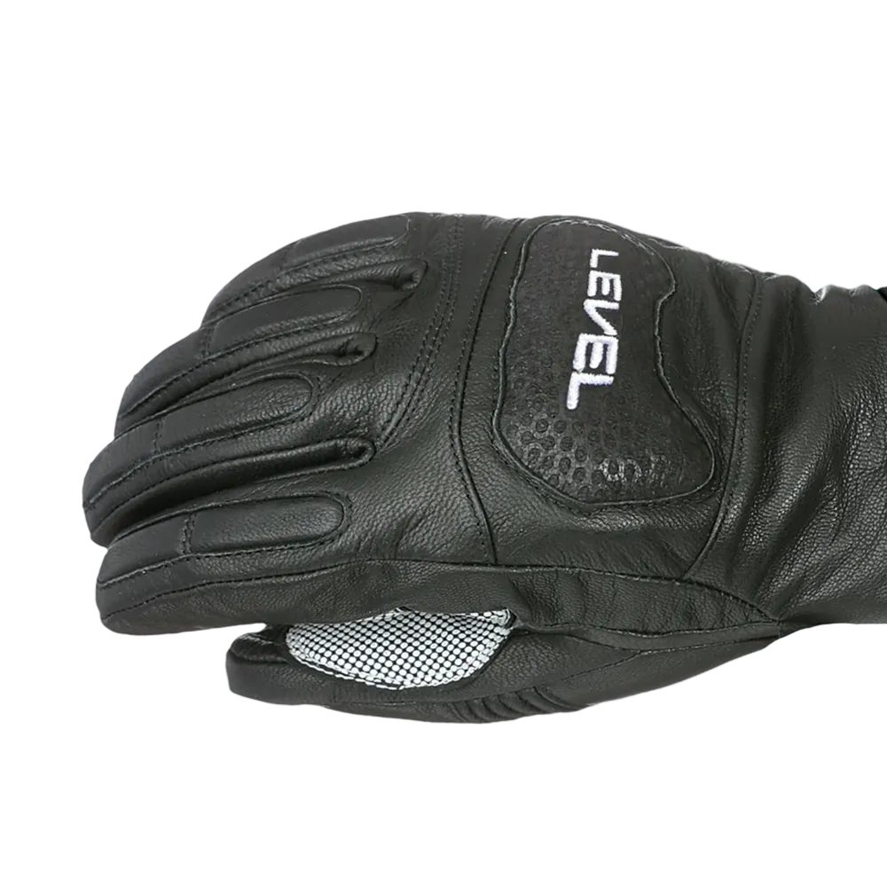 A Level Race Glove featuring premium waterproof goat leather construction, padded knuckle and finger impact protection, silicone palm grip, and adjustable neoprene wrist cuffs.