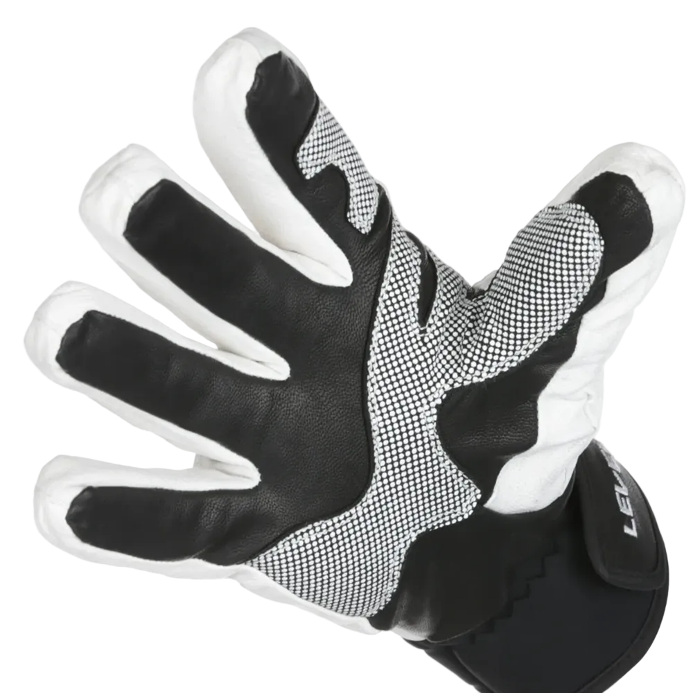 Pair of Level Race Gloves featuring premium waterproof goat leather construction, padded knuckle and finger impact protection, silicone palm grip, and adjustable neoprene wrist cuffs.