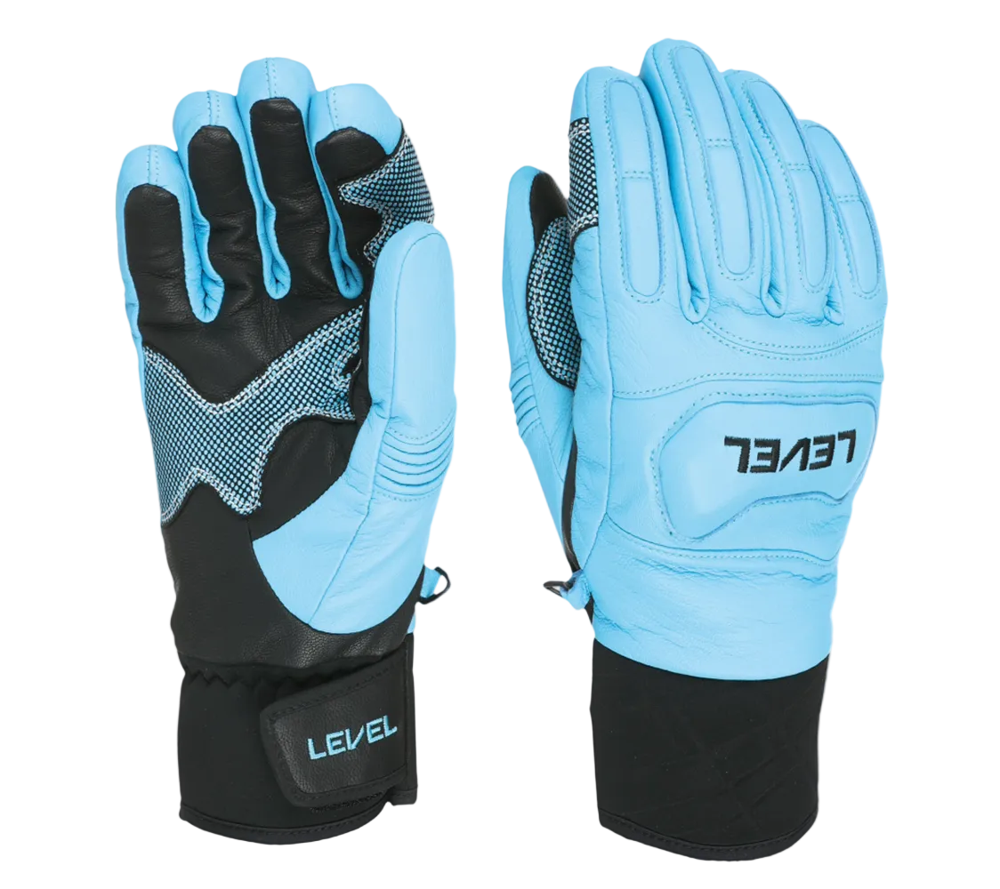 Pair of Level Race Gloves featuring premium waterproof goat leather construction, padded knuckle and finger impact protection, silicone palm grip, and adjustable neoprene wrist cuffs.
