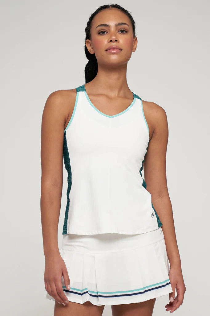 Lija Elite Ladder Women's Tennis Tank featuring lightweight performance fabric, moisture-wicking comfort, breathable construction, and athletic styling.