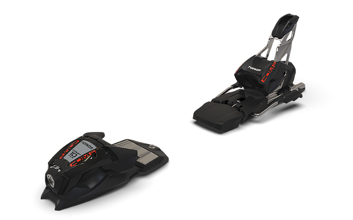 Marker Comp 10 TCX alpine race binding featuring a Two Piece TCX Heel with Twin Cam X heel technology, a TLT (Two Link Toe) toe piece with intelligent backward release, a DIN range of 3 to 10, stainless steel AFD gliding plate, and integrated race plate mounting compatibility.
