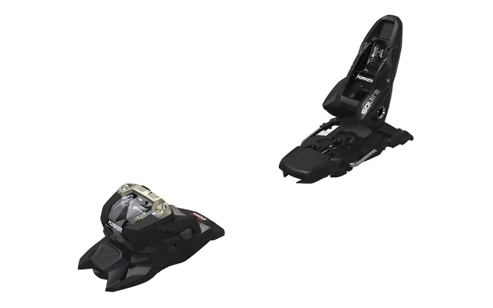 A black Marker Squire 11 binding that is intended for all-mountain skiing.