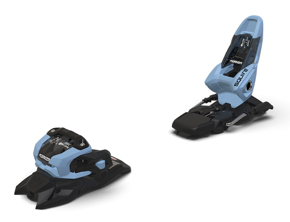 A blue Marker Squire 11 Ski Binding showing Triple Pivot Light 2 toe piece, Hollow Linkage heel piece, stainless steel AFD anti-friction plate, DIN adjustment scale, and integrated ski brake.