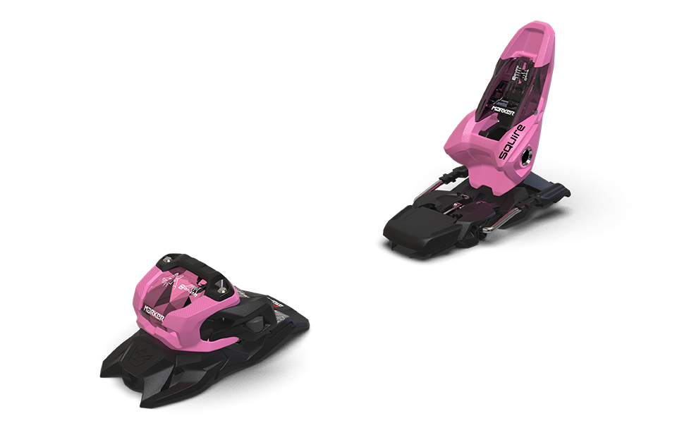 A black and rose Marker Squire 11 binding that is intended for all-mountain skiing.