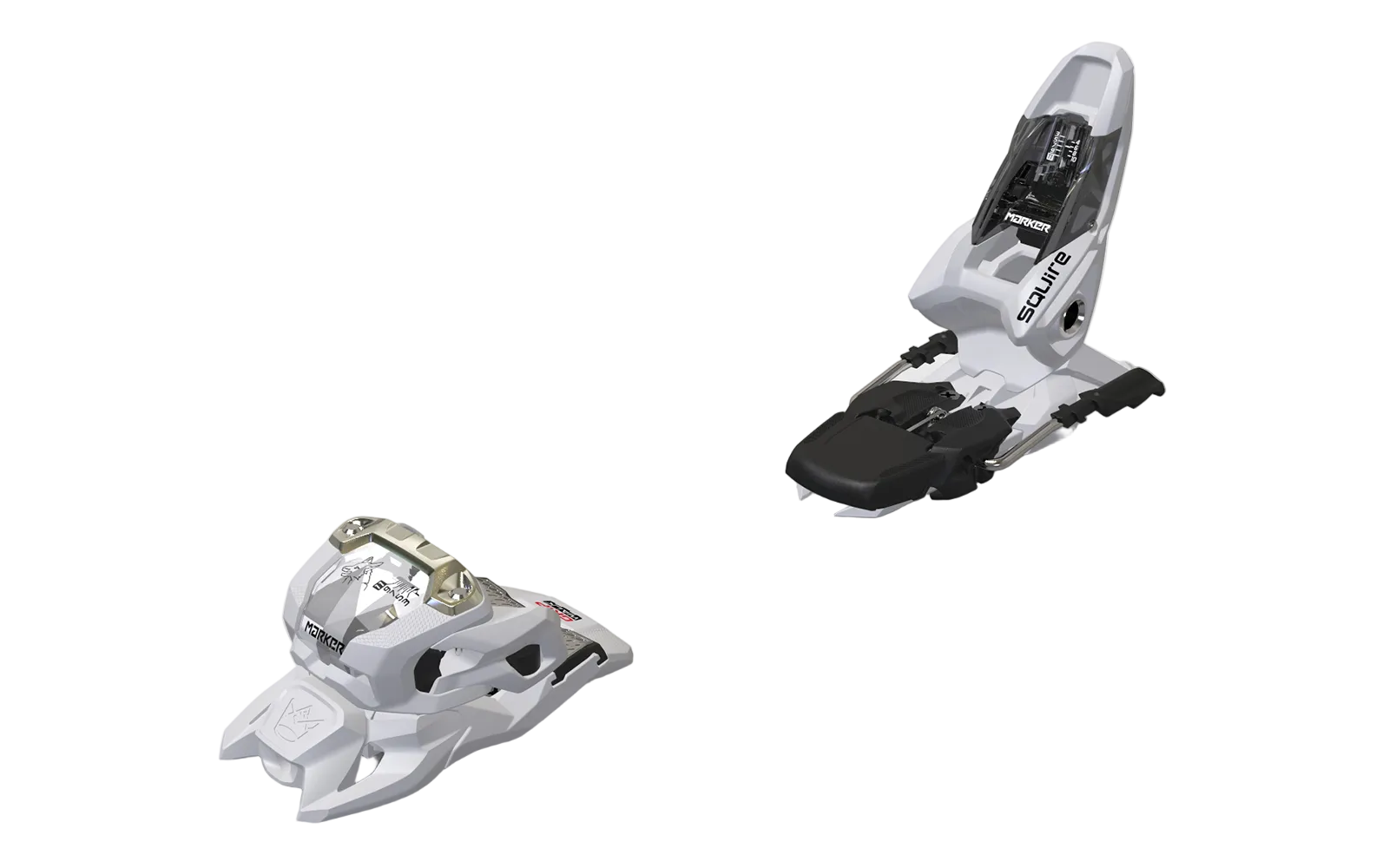 A white Marker Squire 11 binding that is intended for all-mountain skiing.