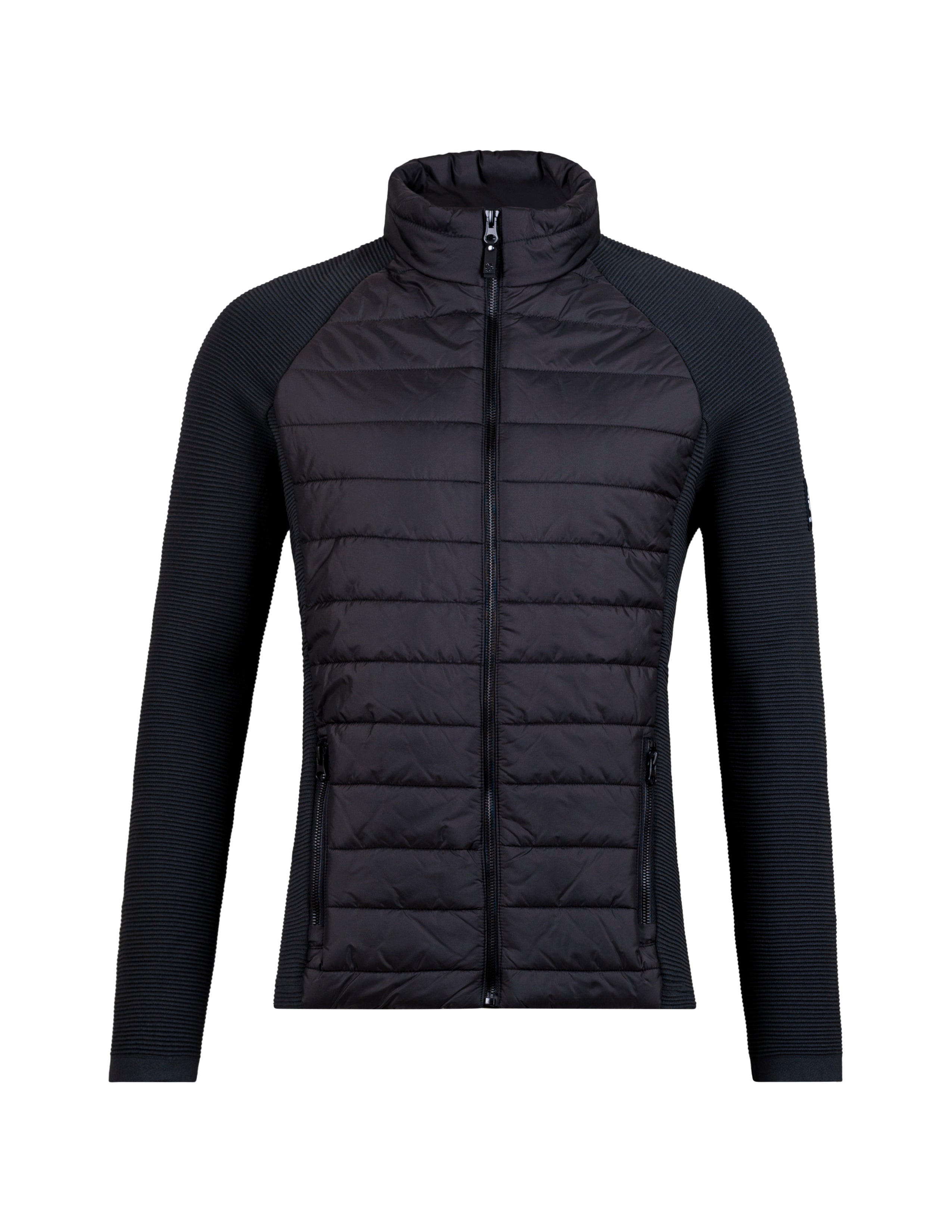 A black Newland Men's Alex Jacket that is insulated, moisture-wicking, stretchable, and breathable.