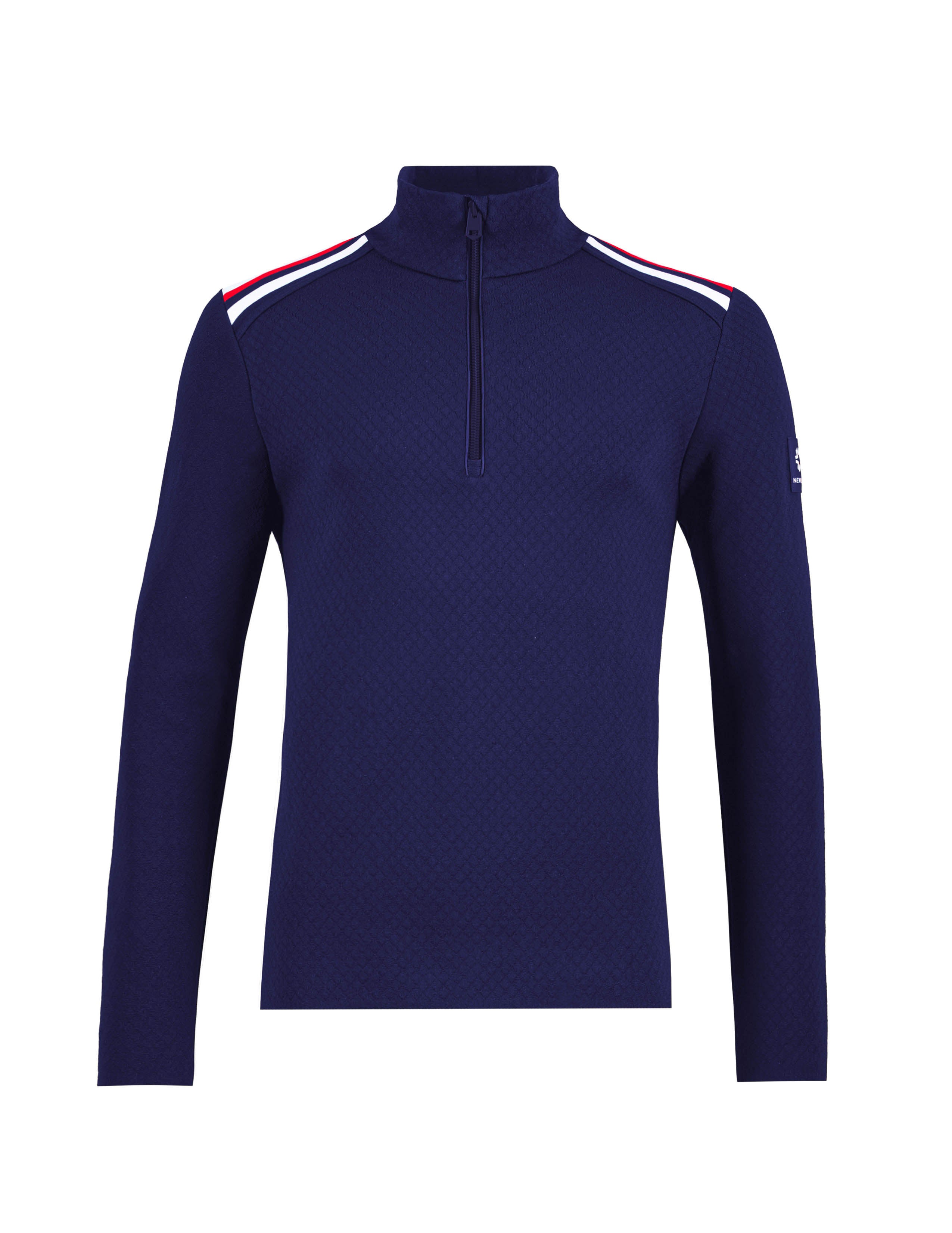 A navy blue Newland Men's Heracles 1/2 Zip T-Neck sweater that is moisture-wicking, breathable, and stretchable.