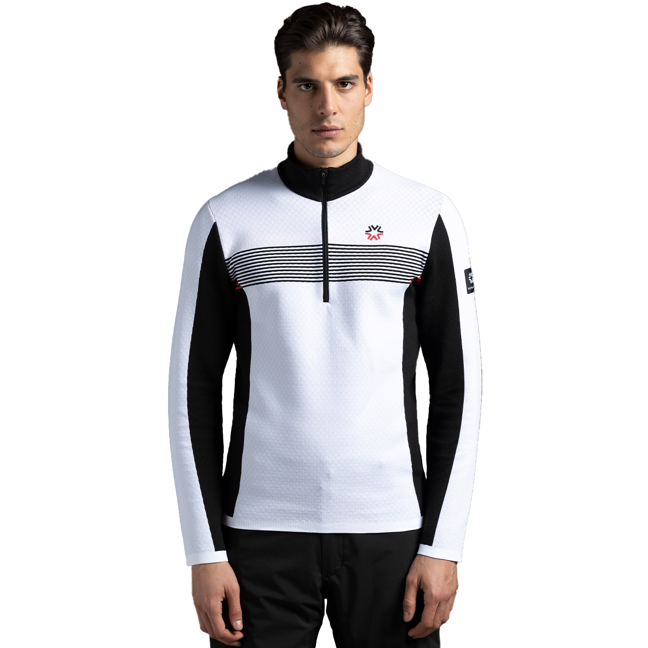 A white and black Newland Men's Jupiter 1/2 Zip t-neck sweater that is moisture-wicking, breathable, and stretchable.