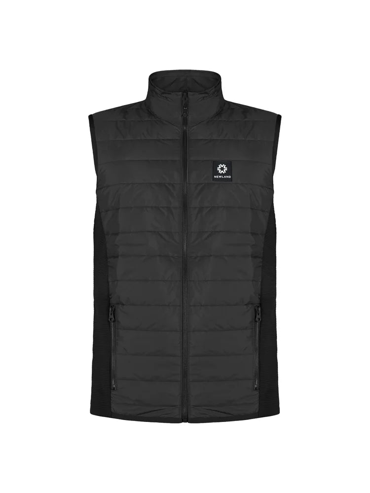A black Newland Men's Parthenon Vest that is moisture-wicking, stretchable, breathable, and insulated.