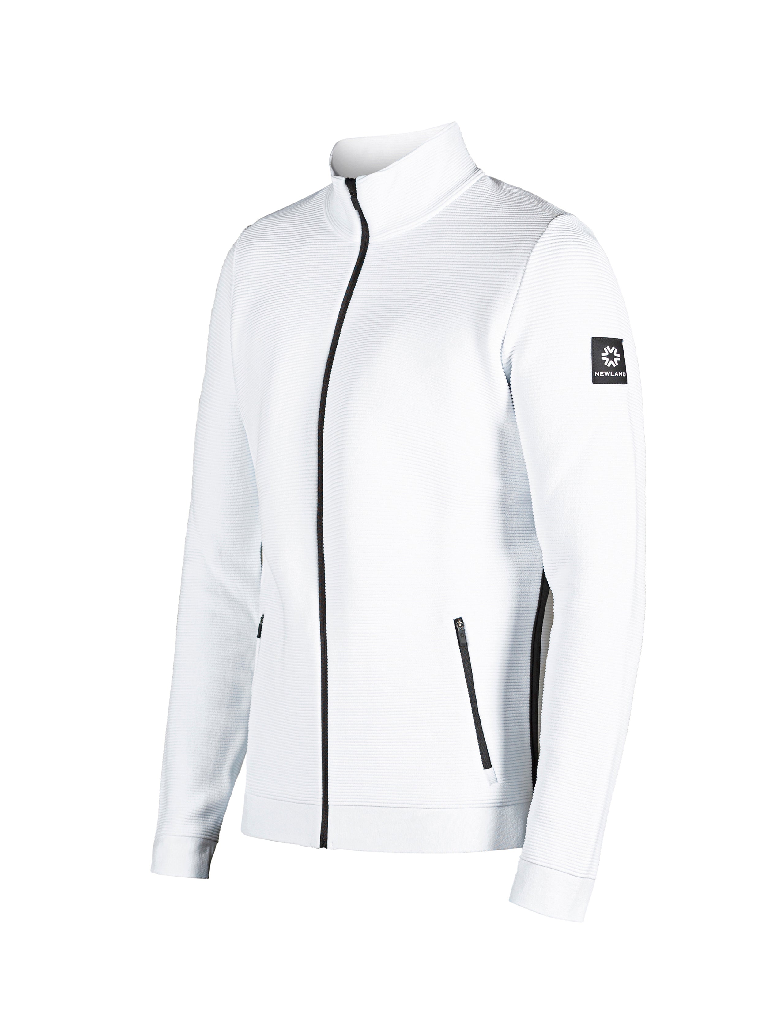 A white Newland Men's Valtournenche Jacket that is lightweight, breathable, stretchable, and moisture-wicking.