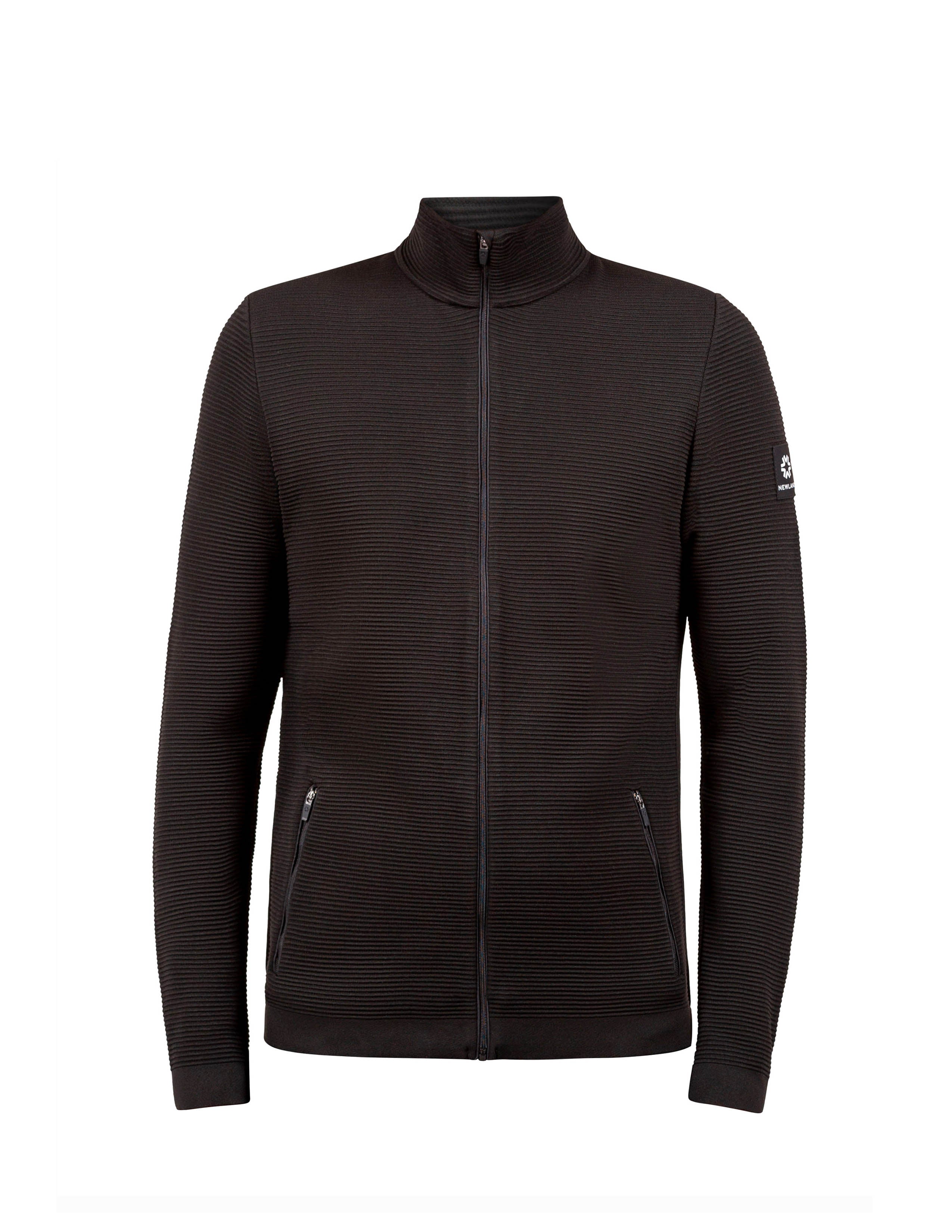 A black Newland Men's Valtournenche Jacket that is lightweight, breathable, stretchable, and moisture-wicking.