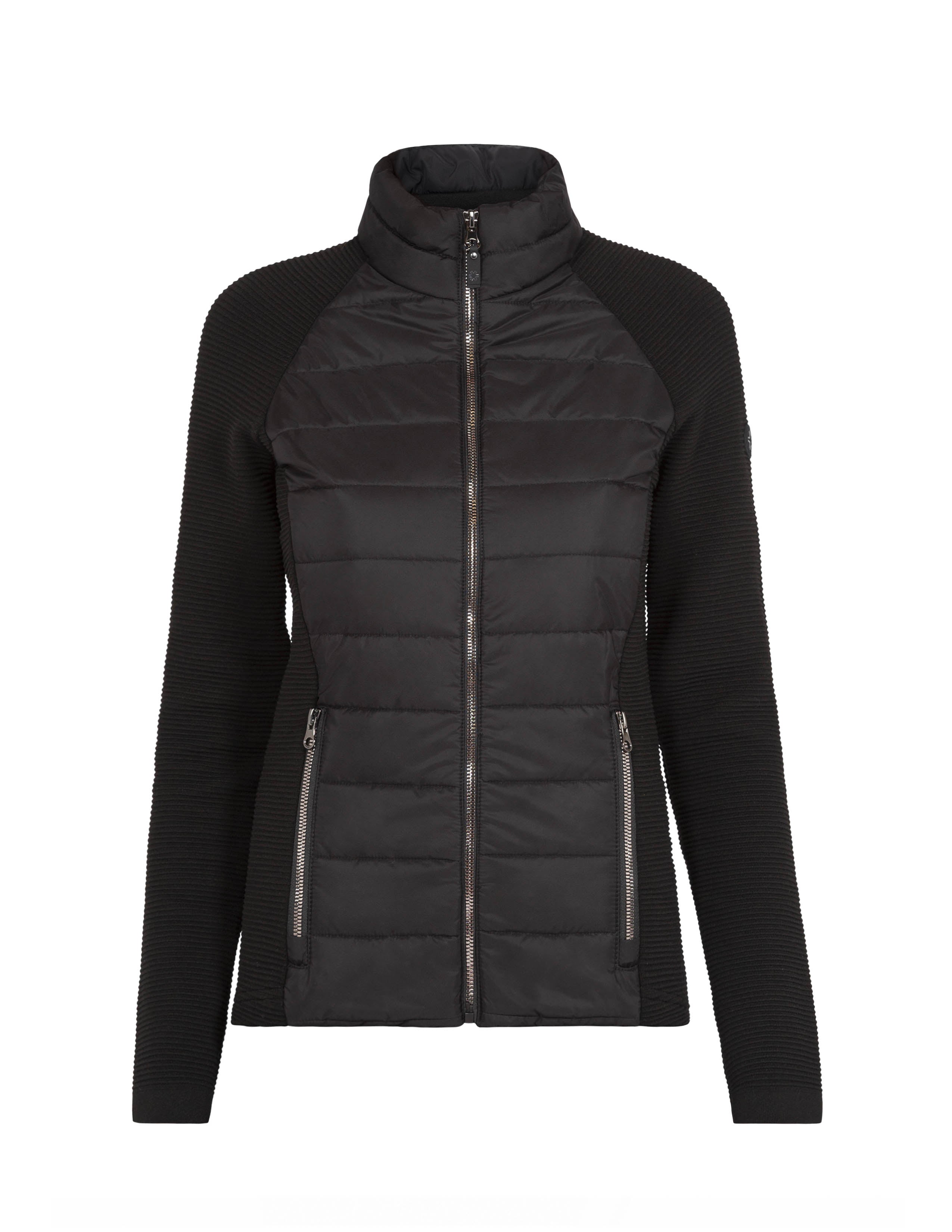 A black Newland Women's Aitana Hybrid Jacket that is insulated, moisture-wicking, stretchable, and breathable.