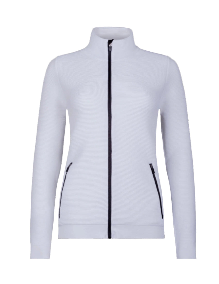 A white Newland Women's Senales Full Zip Sweater that is moisture-wicking, breathable, stretchable, and lightweight.