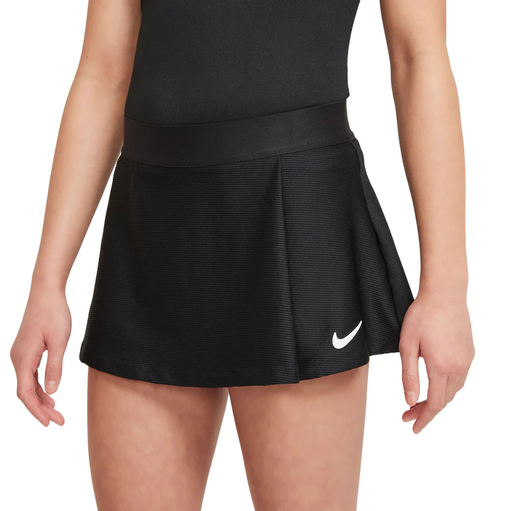 Nike Girls' Dri-FIT Victory Flouncy Skirt featuring sweat-wicking performance fabric, flouncy design, built-in shorts, and athletic styling.