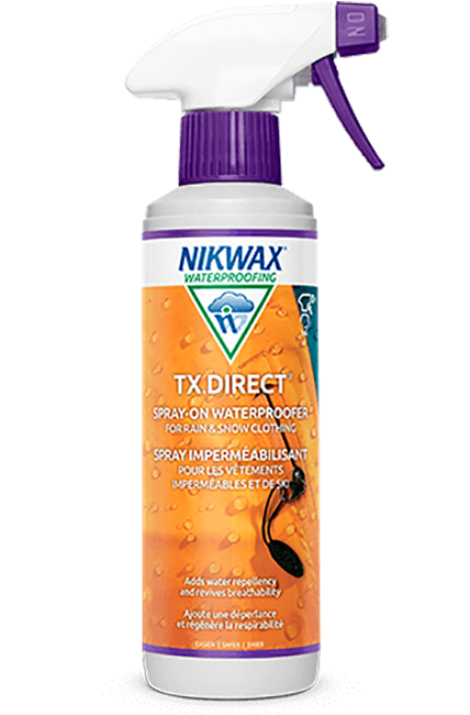 Front view of a 300ml spray bottle of Nikwax TX Direct Spray-On DWR treatment featuring a trigger spray nozzle and technical product labeling.