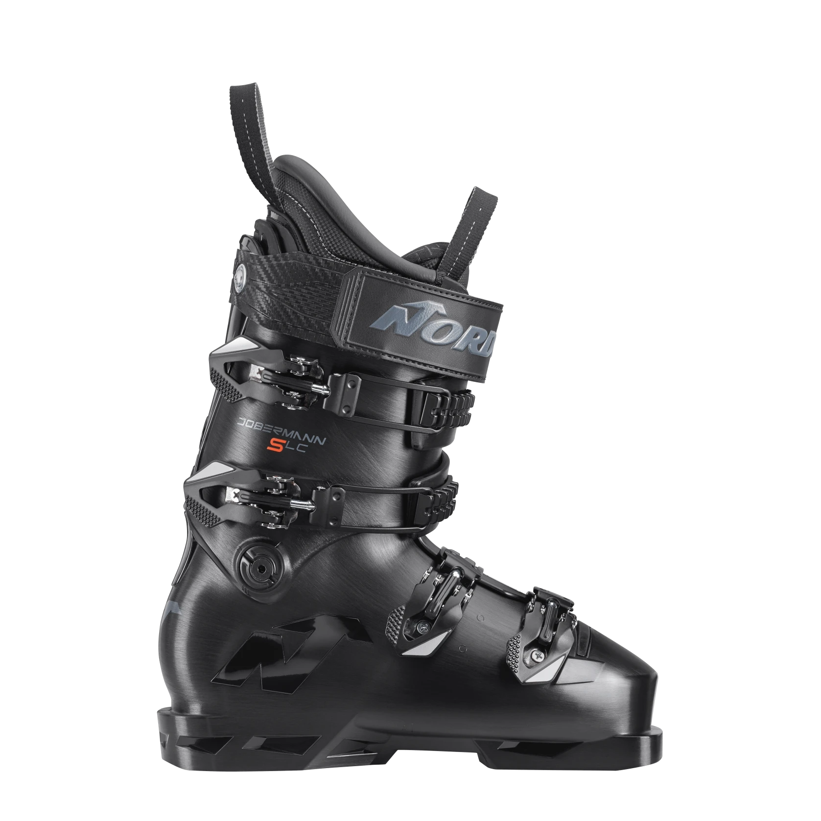 A black Nordica Dobermann 5 M LC ski boot with a medium flex, lower cuff, and 96 mm width.