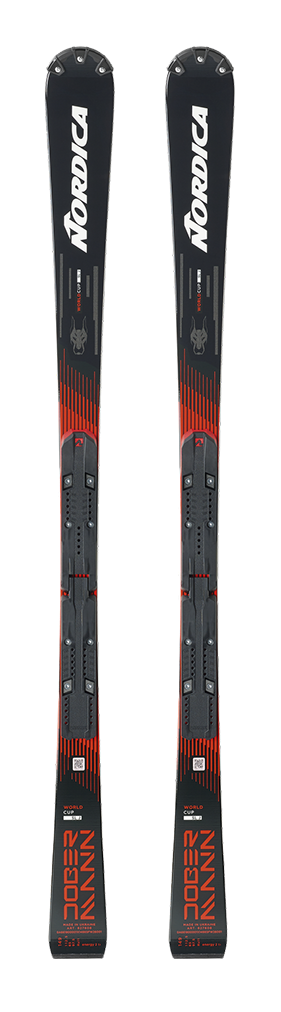 A photo of the Nordica Dobermann SLJ junior slalom race ski, featuring a full camber profile, narrow waist, full Titanal metal laminates over a wood core, Phenol sidewall construction, and a high-density racing graphite base.