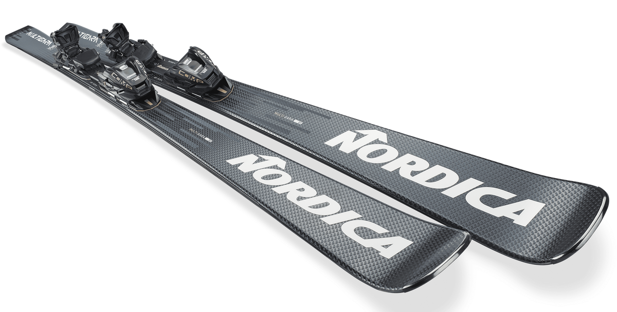 Nordica Multigara DC 74 Ti Skis 2027 in Greyblue and White with Comp 12 FDT bindings, 74 mm waist and Energy Ti Double Core.