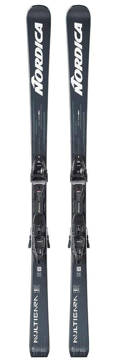 Nordica Multigara DC 74 Ti Skis 2027 in Greyblue and White with Comp 12 FDT bindings, 74 mm waist and Energy Ti Double Core.