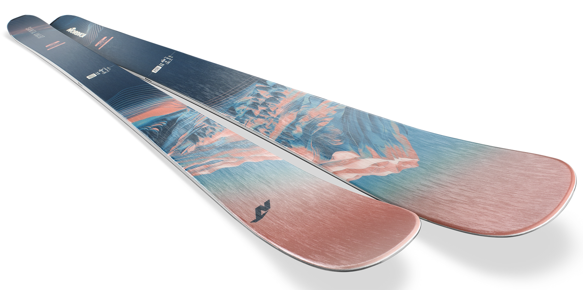 Nordica Santa Ana 97 Skis 2027 in Salmon, Turquoise and Navy with 97 mm waist and TSM Pulse Core construction.