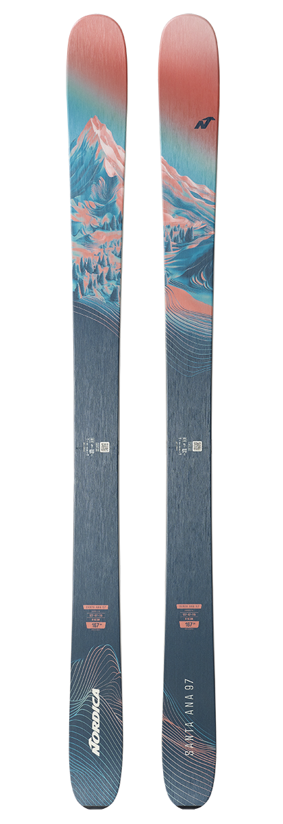 Nordica Santa Ana 97 Skis 2027 in Salmon, Turquoise and Navy with 97 mm waist and TSM Pulse Core construction.