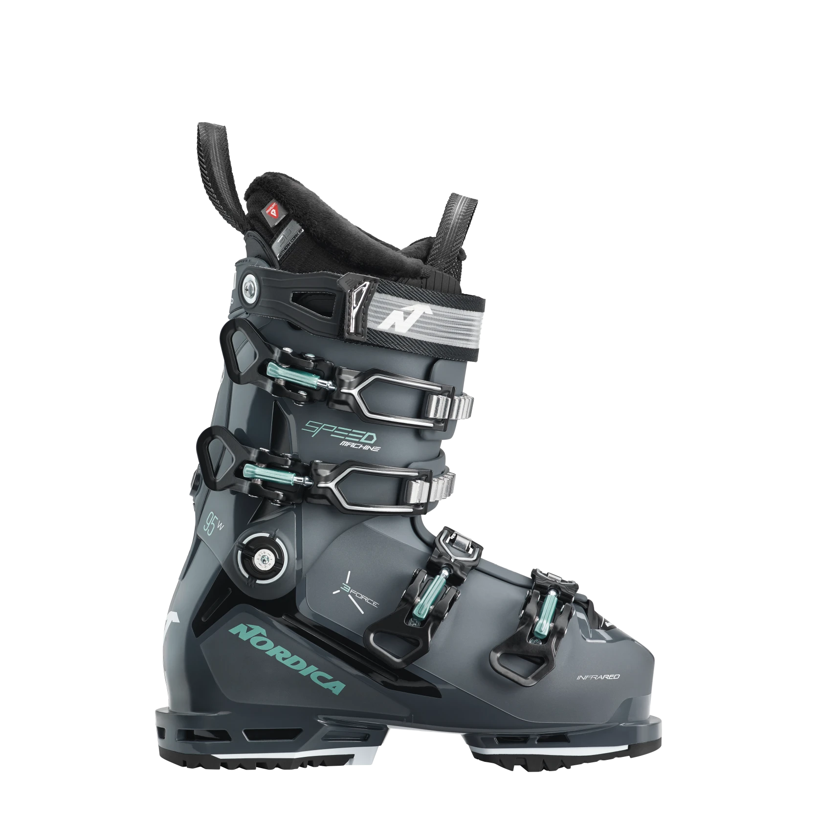 A gray 2025 Nordica Speedmachine 3 95 W ski boot with multiple buckles and a black label.