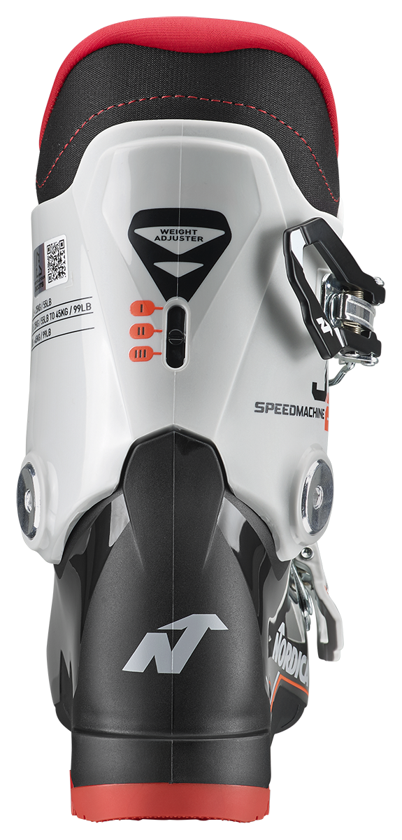 Nordica Speedmachine J2 Junior Ski Boots with two aluminum buckles, lightweight Triax shell and adjustable flex system.