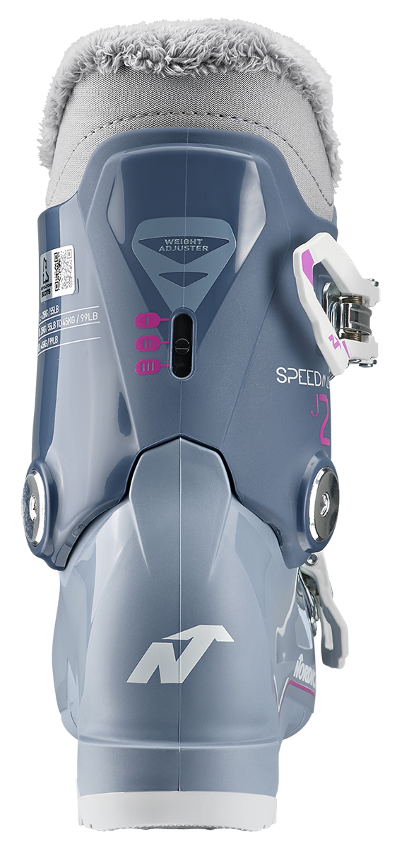 Nordica Speedmachine J2 Junior Ski Boots with two aluminum buckles, lightweight Triax shell and adjustable flex system.