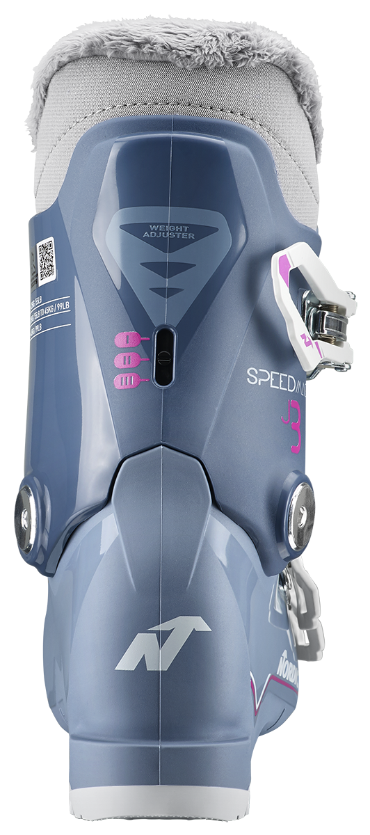 Nordica Speedmachine J3 Junior Ski Boots with three aluminum buckles, lightweight Triax shell and adjustable flex system.
