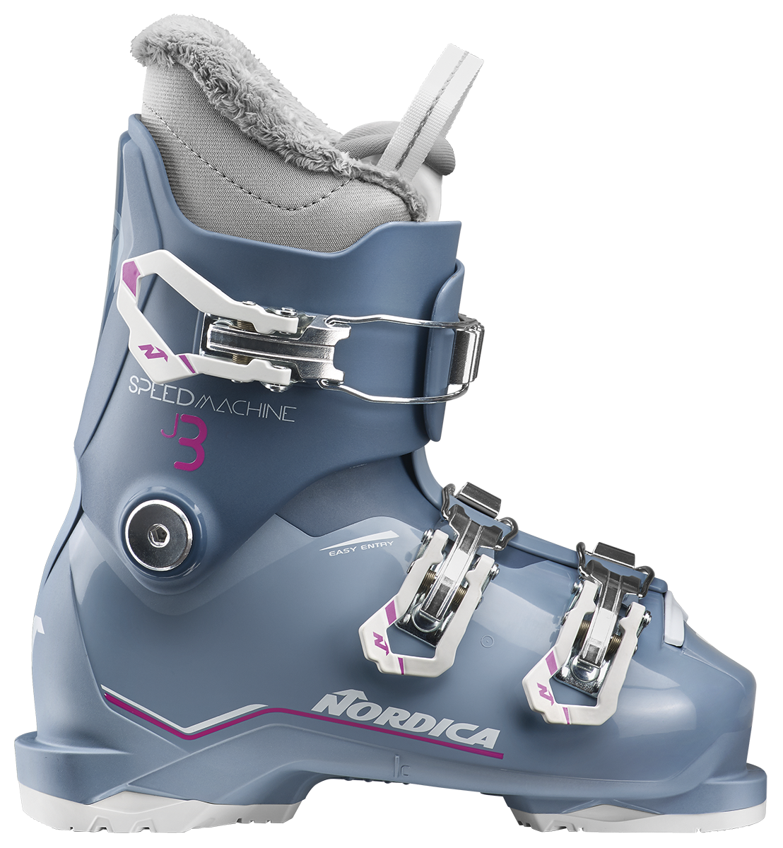 Nordica Speedmachine J3 Junior Ski Boots with three aluminum buckles, lightweight Triax shell and adjustable flex system.