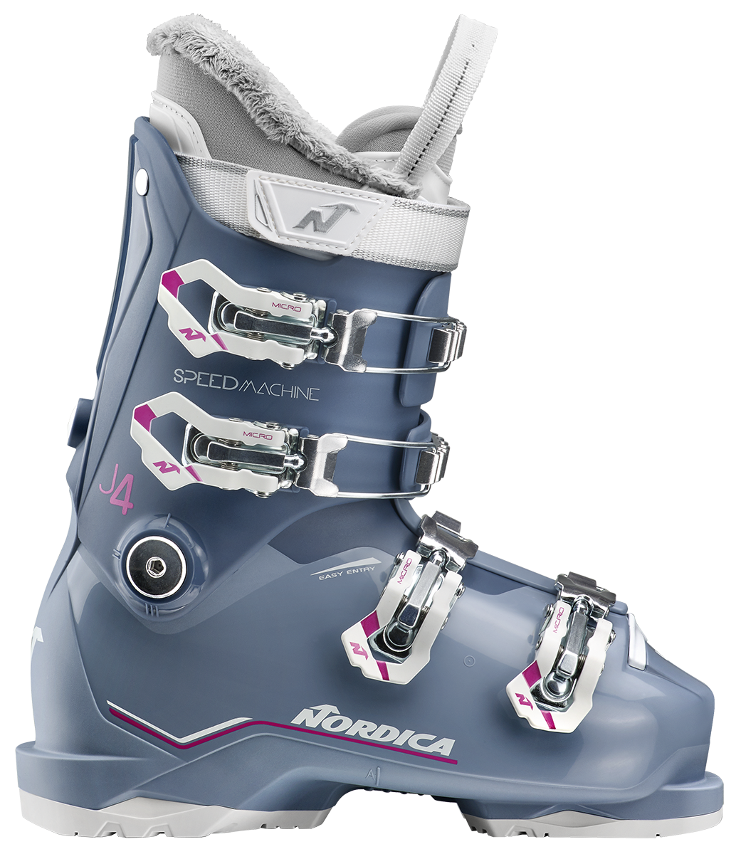 Nordica Speedmachine J4 Junior Ski Boots with four aluminum buckles, lightweight Triax shell, 25 mm power strap and Comfort Fit liner.